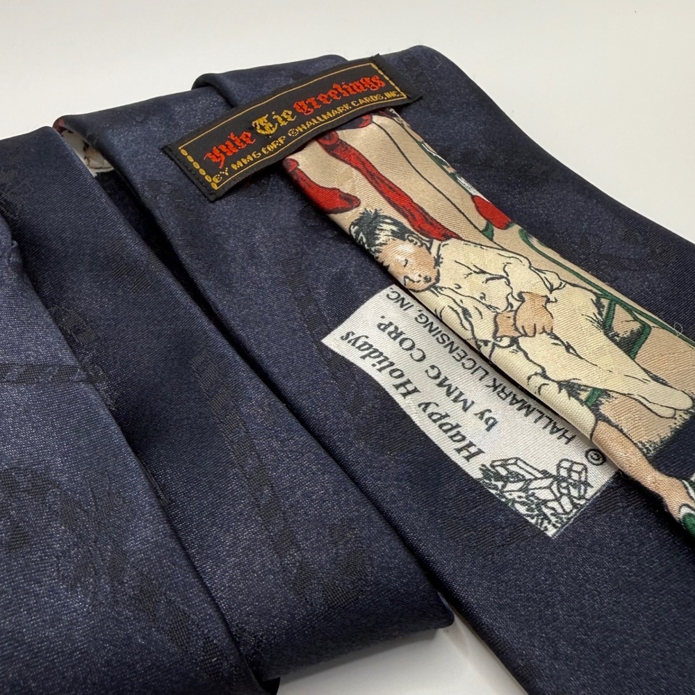 Norman Rockwell Necktie OS Christmas Holiday Santa Americana Vintage Navy Blue - Picture 5 of 8